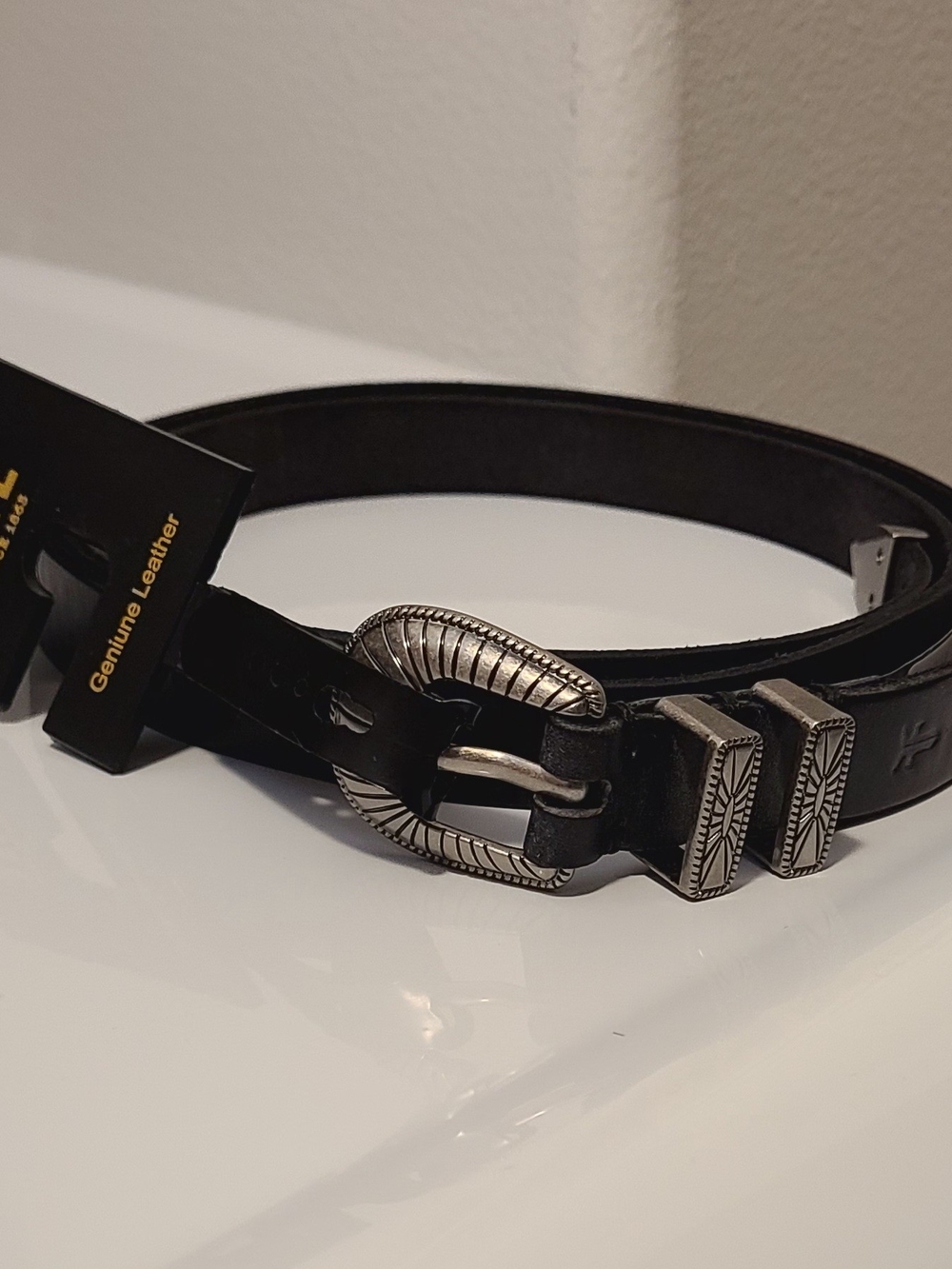 Frye Black Leather Belt with Silver Western-Style Buckle
